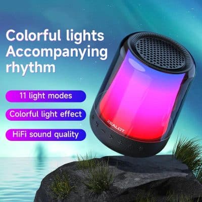 Portable Bluetooth speaker with colorful LED lights, 11 light modes, and HiFi sound quality, ideal for outdoor activities and parties. Perfect for enhancing your music experience with vibrant lighting effects.