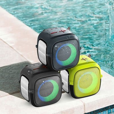 Portable waterproof Bluetooth speakers for poolside, built-in LED lights, durable design perfect for outdoor water activities.