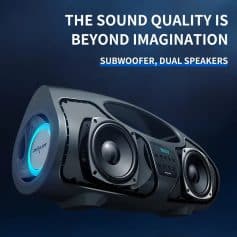 Portable stereo speaker with subwoofer and dual speakers for high-quality sound, ideal for home entertainment. Perfect for music lovers seeking immersive audio experiences.