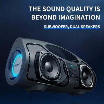 Portable stereo speaker with subwoofer and dual speakers for high-quality sound, ideal for home entertainment. Perfect for music lovers seeking immersive audio experiences.