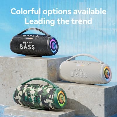 Black portable Bluetooth speaker with colorful LED lights, emphasizing heavy bass, suitable for outdoor and indoor use.