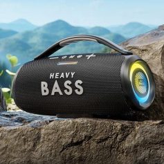 Portable Bluetooth speaker with heavy bass for outdoor use, rugged design, and long battery life, perfect for music enthusiasts seeking durable audio products from Monalisa Store.