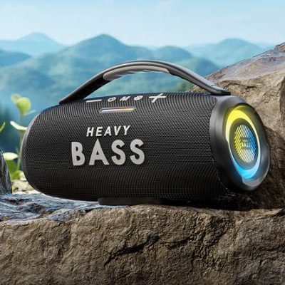 Portable Bluetooth speaker with heavy bass for outdoor use, rugged design, and long battery life, perfect for music enthusiasts seeking durable audio products from Monalisa Store.