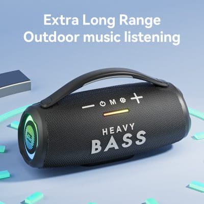 Wireless outdoor portable speaker with extra long range, heavy bass, and outdoor music listening features, ideal for music lovers and outdoor enthusiasts.