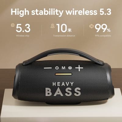 Wireless portable speaker with heavy bass, Bluetooth connectivity, and high stability wireless 5.3, perfect for audio lovers.