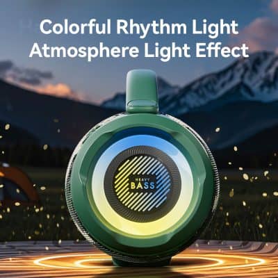 Colorful rhythm light atmosphere light effect headphones, wireless with heavy bass, vibrant LED lighting, outdoor scenic backdrop, perfect for music lovers and outdoor enthusiasts.