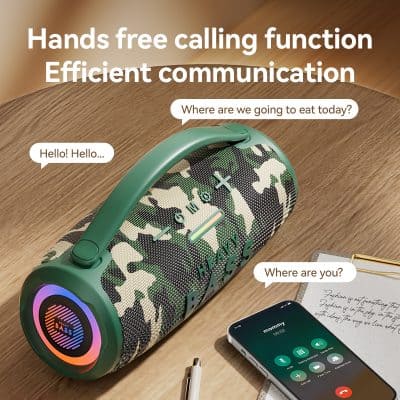 Wireless Bluetooth speaker with built-in voice assistant, portable design, and colorful LED lighting, perfect for outdoor and indoor use.