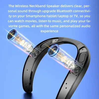 Wireless neckband speaker with Bluetooth connectivity for personalized audio experiences, ideal for movies, music, and gaming on smartphones, tablets, laptops, or TVs.