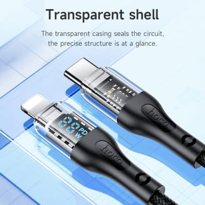 High-quality USB-C and Lightning tester cables with transparent shells, ideal for monitoring charging and data transfer integrity, compatible with Monalisa Medical's optical diagnostic tools and accessories.