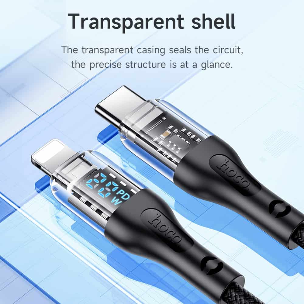 High-quality USB-C and Lightning tester cables with transparent shells, ideal for monitoring charging and data transfer integrity, compatible with Monalisa Medical's optical diagnostic tools and accessories.