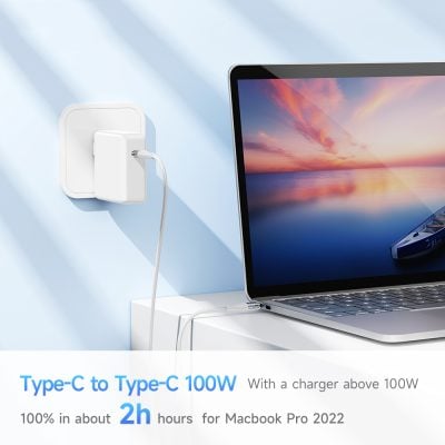 Fast charging USB-C to USB-C 100W charger for MacBook Pro 2022, quick power-up, portable and efficient charging solution.