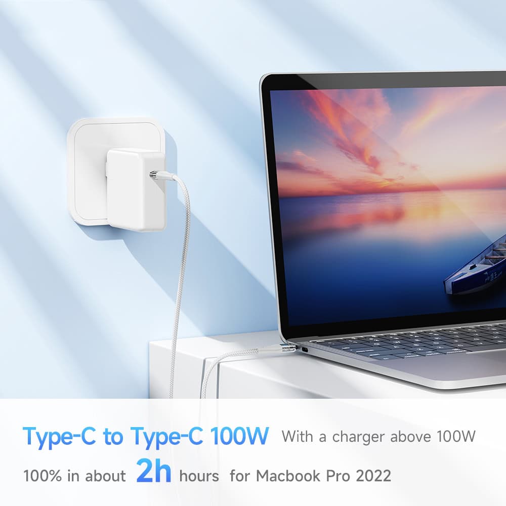 Fast charging USB-C to USB-C 100W charger for MacBook Pro 2022, quick power-up, portable and efficient charging solution.