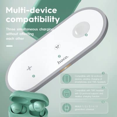 Wireless charging case for TWS earbuds with multi-device compatibility and Qi protocol support, shown alongside a sleek charging device. Perfect for modern audio accessories at Monalisa Store.