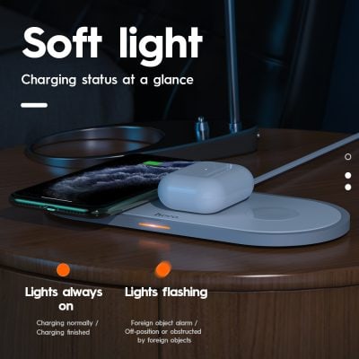 Charge indicator wireless charging pad with smartphone and earbuds showing soft light status.