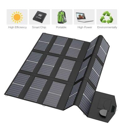 Solar-powered portable folding solar panel with high efficiency and smart chip technology for outdoor use.