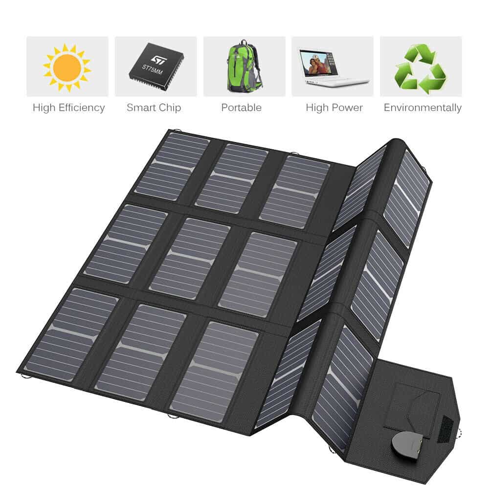 Solar-powered portable folding solar panel with high efficiency and smart chip technology for outdoor use.