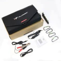 Portable solar charger kit with alligator clamps, cables, and accessories for outdoor emergency power, compatible with all power banks and solar power systems.