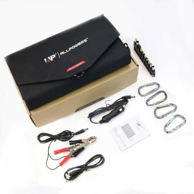 Portable solar charger kit with alligator clamps, cables, and accessories for outdoor emergency power, compatible with all power banks and solar power systems.