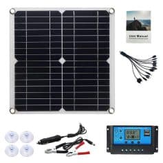 Solar panel for energy efficiency and solar power systems, includes multiple connectors, user manual, charge controller, and mounting accessories. Perfect for renewable energy applications.