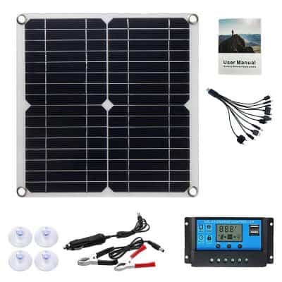 Solar panel for energy efficiency and solar power systems, includes multiple connectors, user manual, charge controller, and mounting accessories. Perfect for renewable energy applications.
