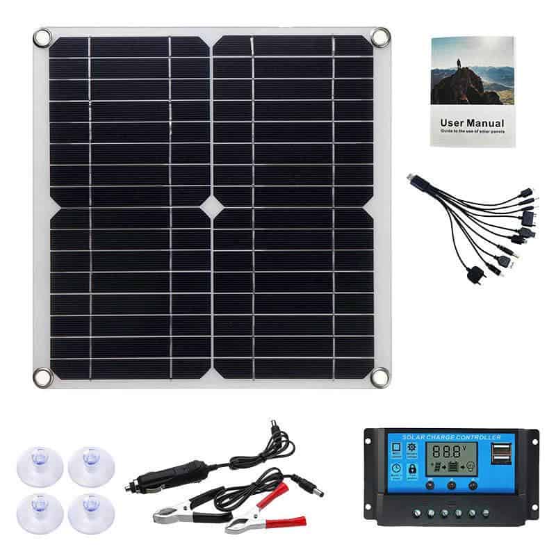 Solar panel for energy efficiency and solar power systems, includes multiple connectors, user manual, charge controller, and mounting accessories. Perfect for renewable energy applications.