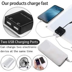 USB charging port adapter for electronic devices, dual USB ports for simultaneous charging, compatible with smartphones, power banks, and small fans. Ideal for portable charging solutions.