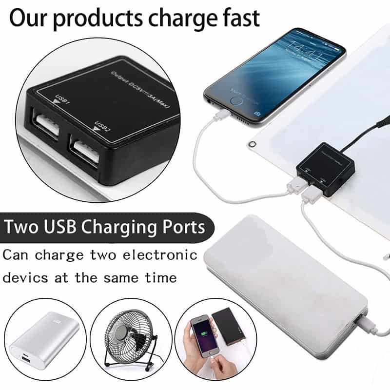 USB charging port adapter for electronic devices, dual USB ports for simultaneous charging, compatible with smartphones, power banks, and small fans. Ideal for portable charging solutions.