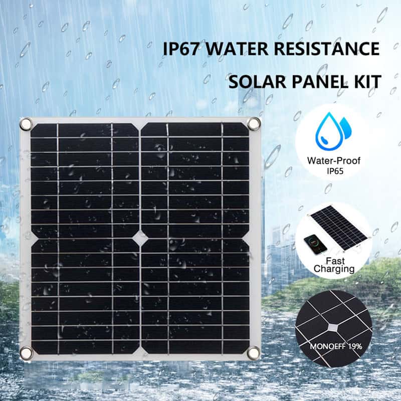IP67 water-resistant solar panel kit for outdoor energy efficiency and durability. Perfect for eco-friendly power solutions in various weather conditions, featuring fast charging and monochrome efficiency.