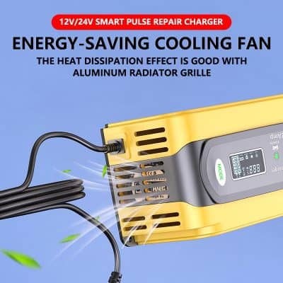 12V/24V smart pulse repair charger for energy-saving cooling fan, with aluminum radiator grille for efficient heat dissipation, ideal for automotive and electronic cooling solutions.