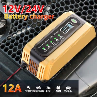 12V/24V battery charger for motorcycle, car, and vehicle maintenance, featuring smart pulse repair, LCD display, and efficient charging for automotive batteries.