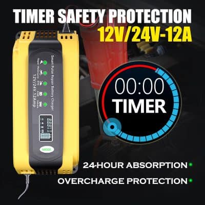 12V/24V-12A timer safety protection device for automotive electrical systems, with digital timer display, overcharge protection, and 24-hour absorption capabilities.