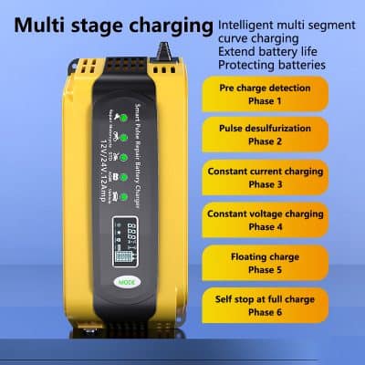 Multi-stage charging battery charger with LED indicators and digital display for battery health monitoring, ideal for maintaining and extending battery lifespan.