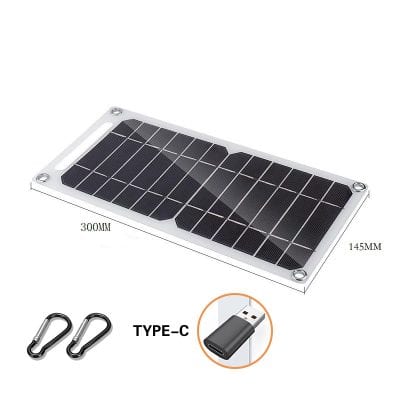 High-efficiency solar panel with USB Type-C port for portable charging, perfect for outdoor activities and energy saving needs. Lightweight design with carabiners included for easy attachment.