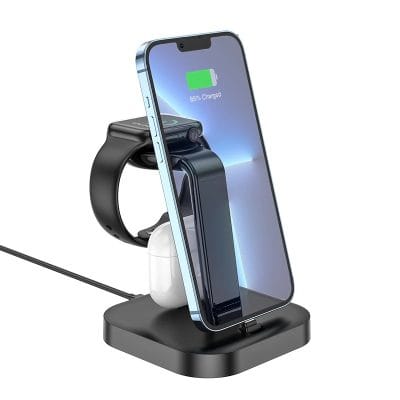 Wireless charging station for smartphones and smartwatches, with a clean modern design. Compatible with various devices, ideal for home or office use. Efficient and convenient charging solution.