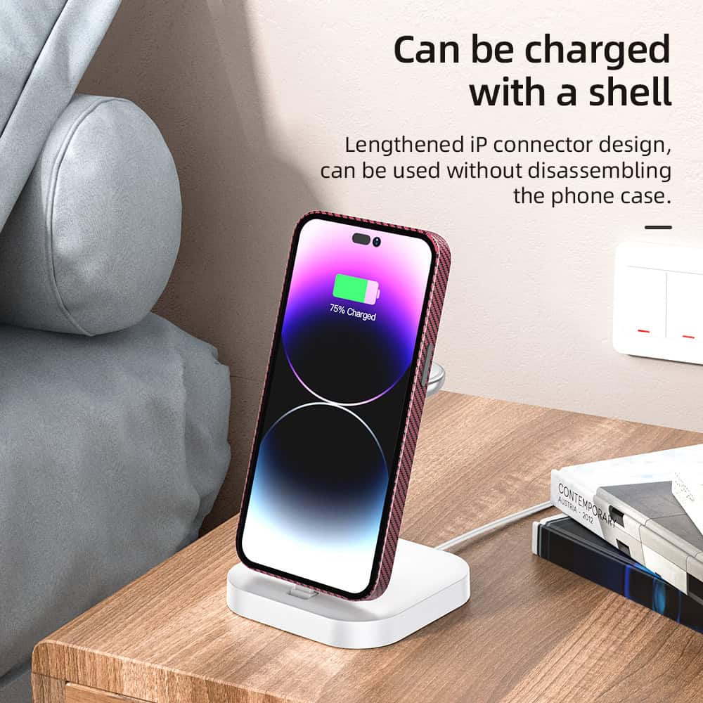 Wireless phone charging station for iPhone with shell case compatible, modern desk accessory for efficient charging, sleek design, and convenient power management.