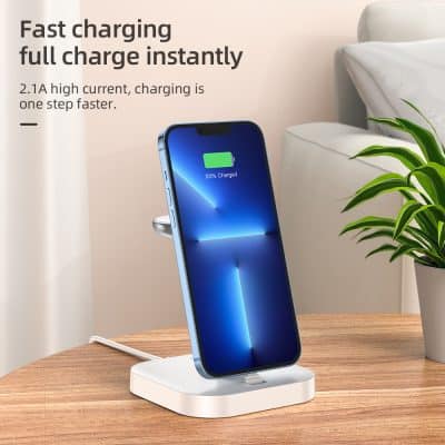 Wireless fast charging station for smartphones, compatible with Qi-enabled devices, delivers instant full charge, ideal for mobile device charging.