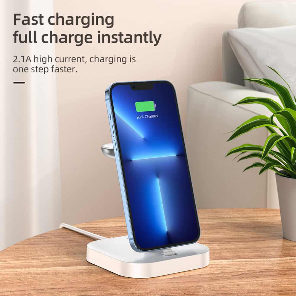 Wireless fast charging station for smartphones, compatible with Qi-enabled devices, delivers instant full charge, ideal for mobile device charging.
