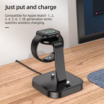 Wireless charging stand compatible with Apple Watch Series 1-7, sleek black design, keeps your smartwatch charging efficiently, ideal for modern tech setups, on a wooden desk.