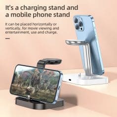 Charging stand for mobile phones, versatile phone holder for entertainment and device charging, compatible with various smartphones, sleek design, and easy to use.
