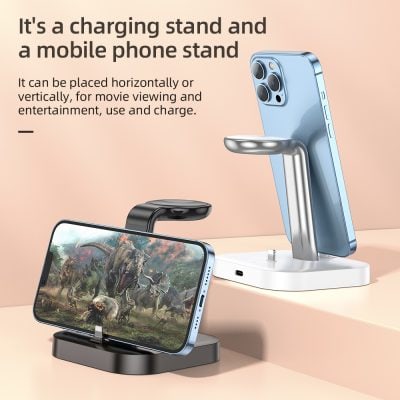 Charging stand for mobile phones, versatile phone holder for entertainment and device charging, compatible with various smartphones, sleek design, and easy to use.