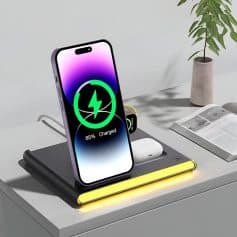 Wireless charging station for smartphone and accessories.