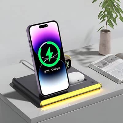 Wireless charging station for smartphone and accessories.