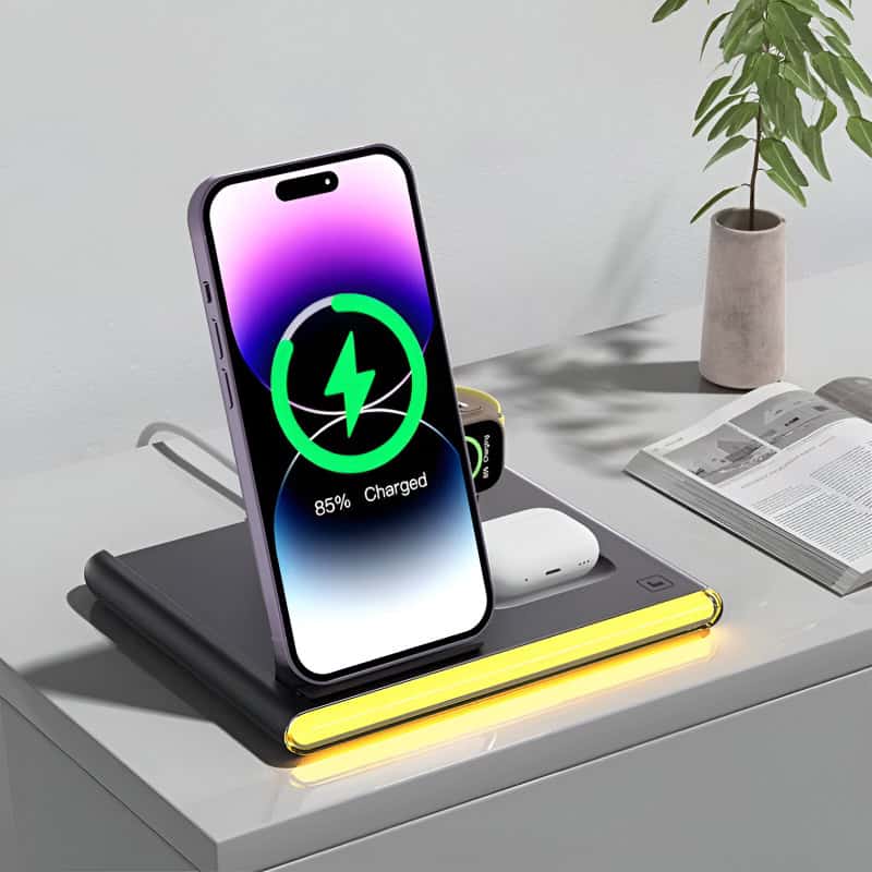 Wireless charging station for smartphone and accessories.