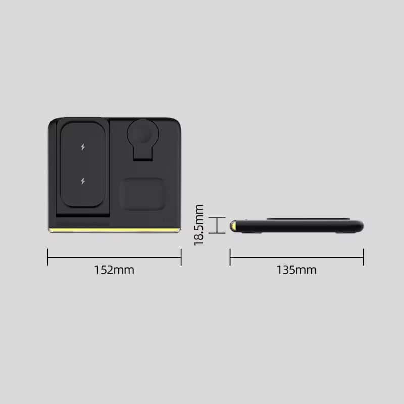 Wireless charging station with portable power bank for smart devices, compact design, and multi-device compatibility. Ideal for convenient on-the-go charging solutions.