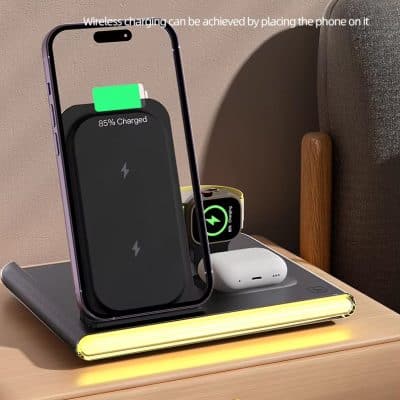 Wireless charging phone on wireless charging pad at Monalisa Store, digital accessories for opt, modern charging technology.