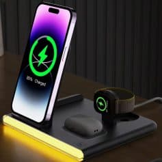 85% charged wireless charging station with smartphone, smartwatch, and AirPods, modern tech accessories for convenience and fast charging.