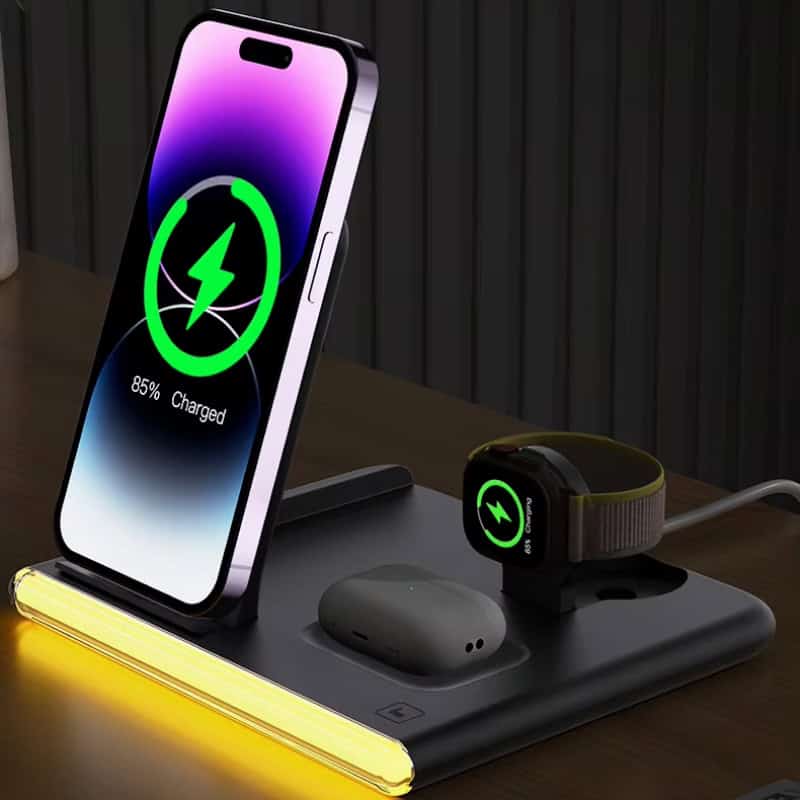 85% charged wireless charging station with smartphone, smartwatch, and AirPods, modern tech accessories for convenience and fast charging.