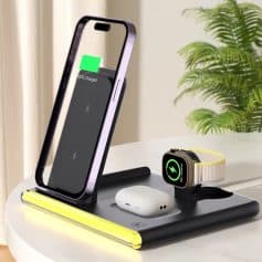 Wireless charging station with smartphone, smartwatch, and earbuds on a desk, featuring sleek design and LED lighting, ideal for tech-savvy users.