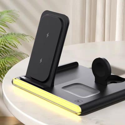 Wireless charging stand with built-in UV sterilizer for glasses and mobile devices at Monalisa Store. Modern, sleek design offers convenience and hygiene for everyday use. Ideal forOptical and tech accessories.