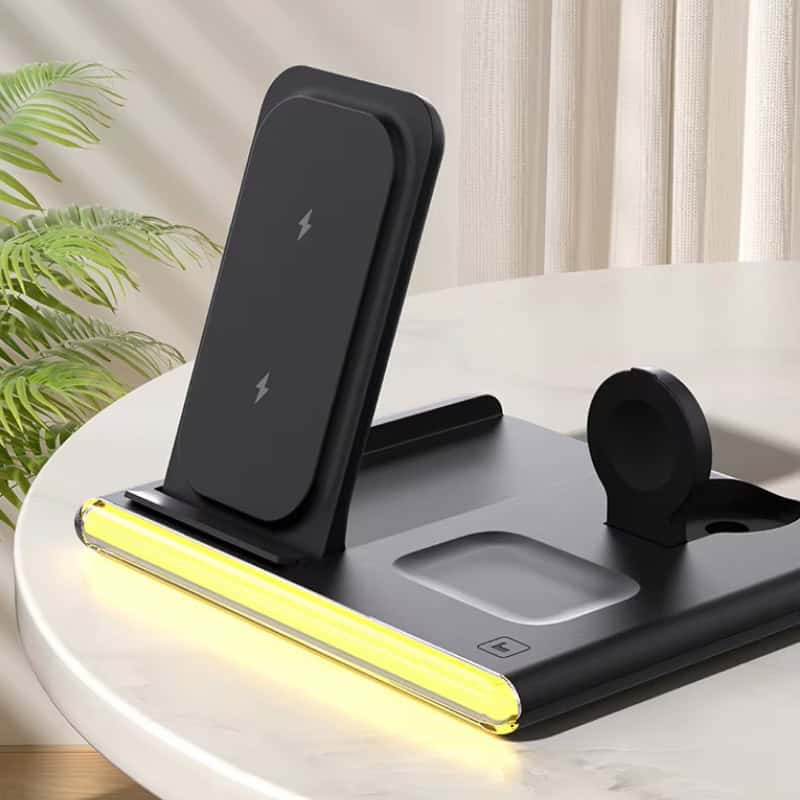 Wireless charging stand with built-in UV sterilizer for glasses and mobile devices at Monalisa Store. Modern, sleek design offers convenience and hygiene for everyday use. Ideal forOptical and tech accessories.